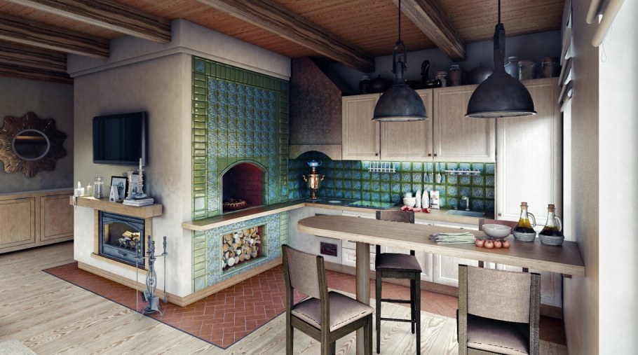 Интерьер деревенской кухни с печкой в частном доме