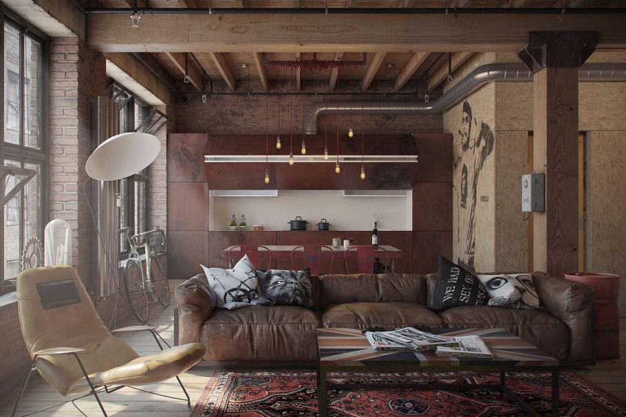 Гостиная лофт Индастриал интерьер