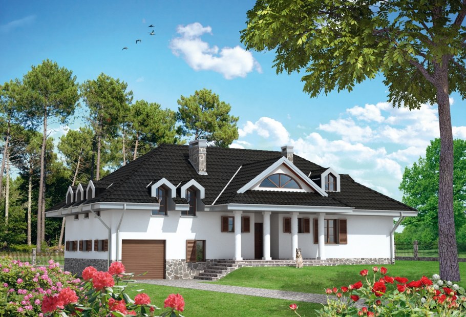 Одноэтажный коттедж с мансардой