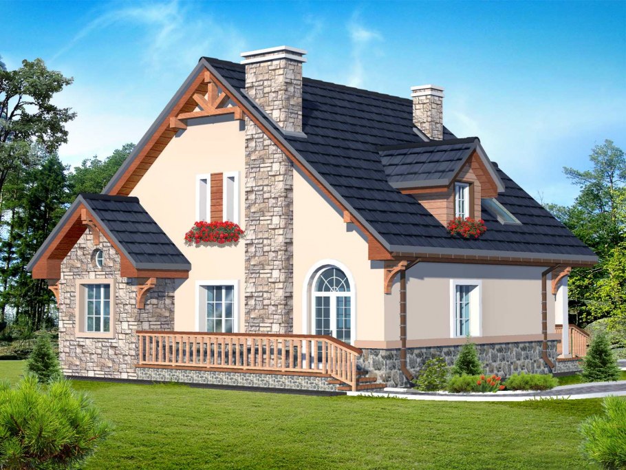 Отделка фасада дома с мансардой