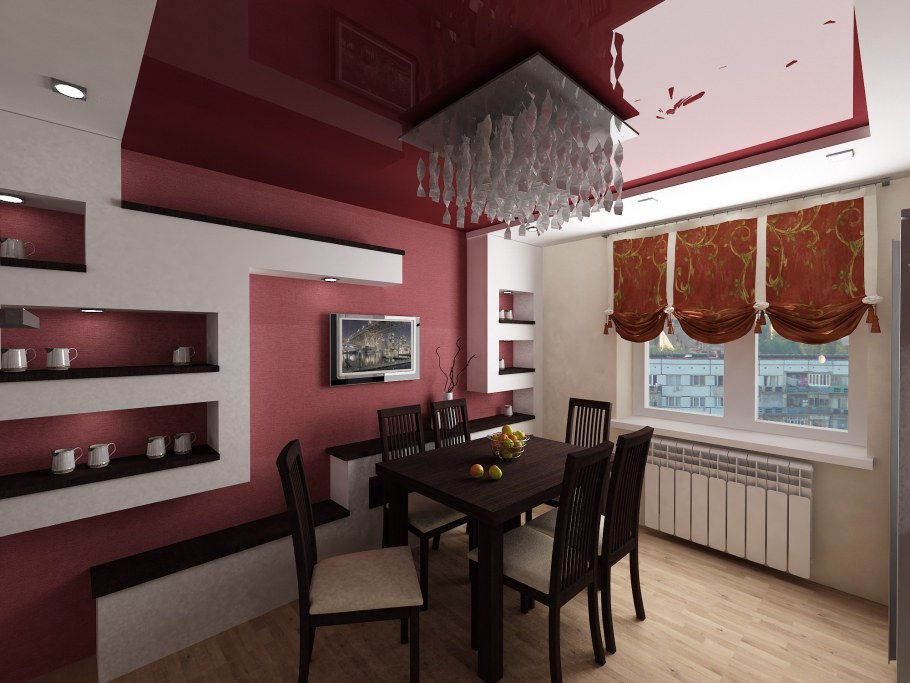 Красный потолок на кухне