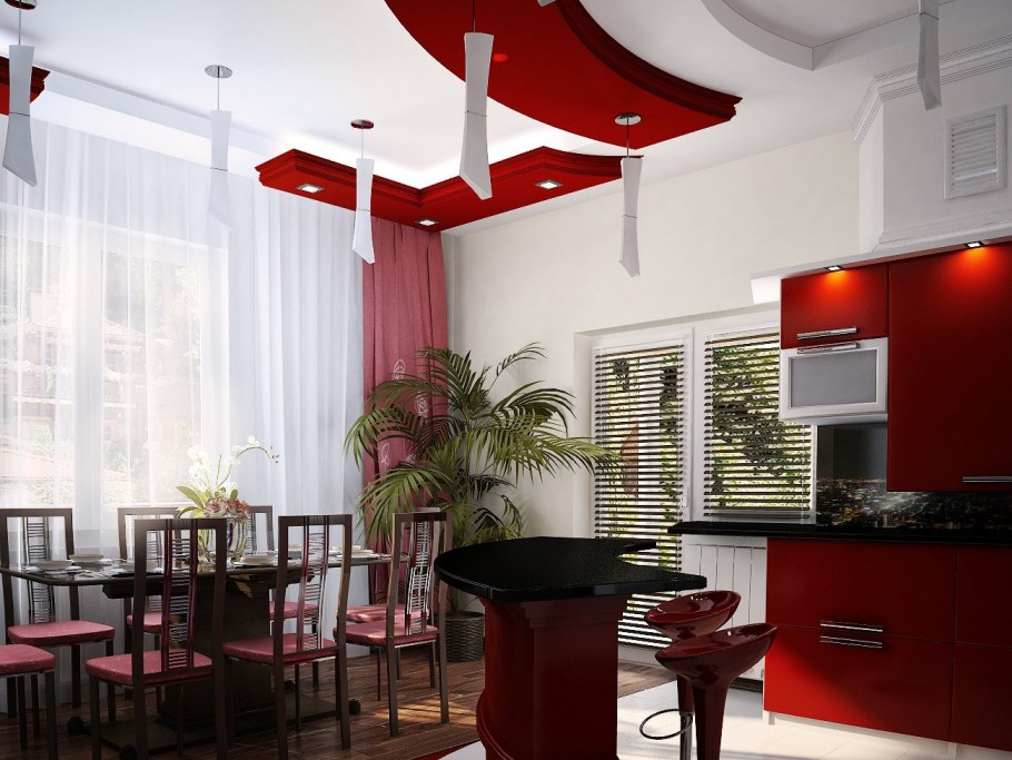 Кухня гостиная с красной кухней