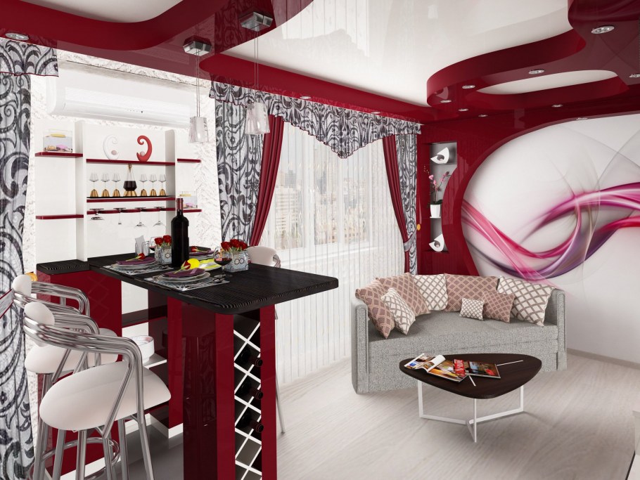 Красный потолок на кухне