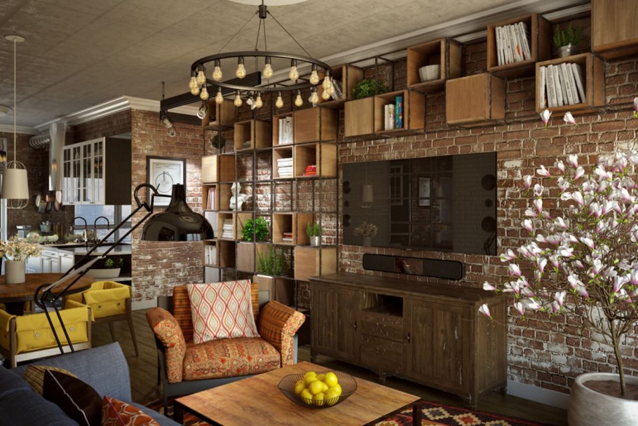 Гостиная лофт бохо