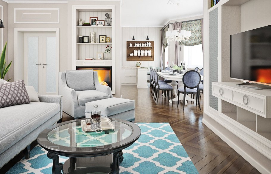 Кухня-гостиная в американском стиле в цвете шалфея