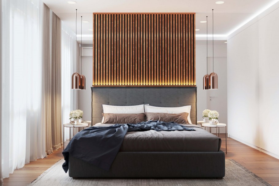 Спальня с рейками на стене