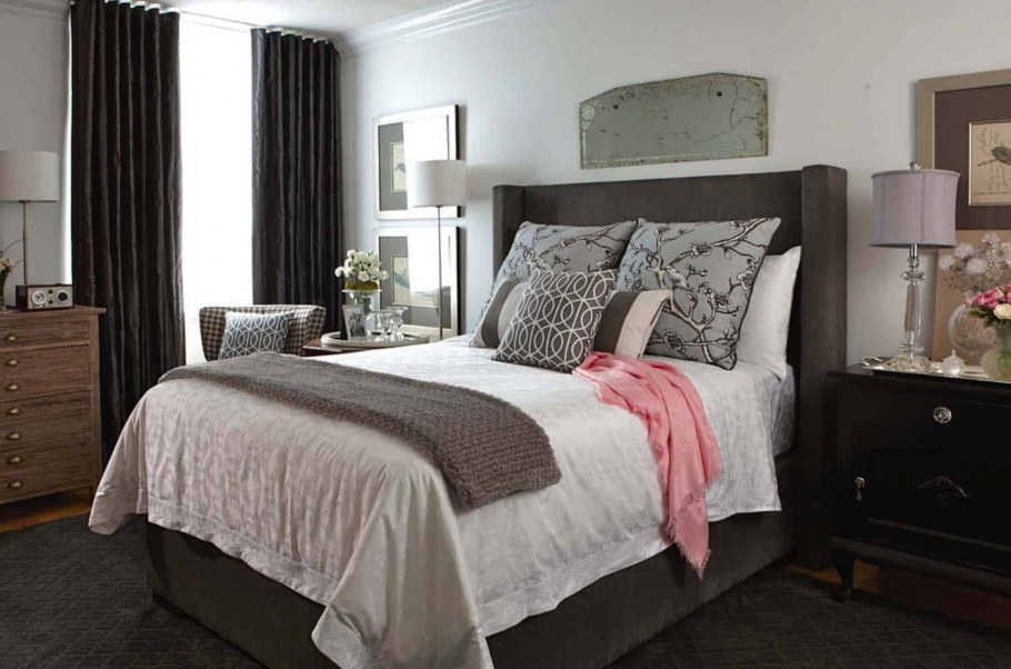 Спальня в подвале в серо-бежевых тонах