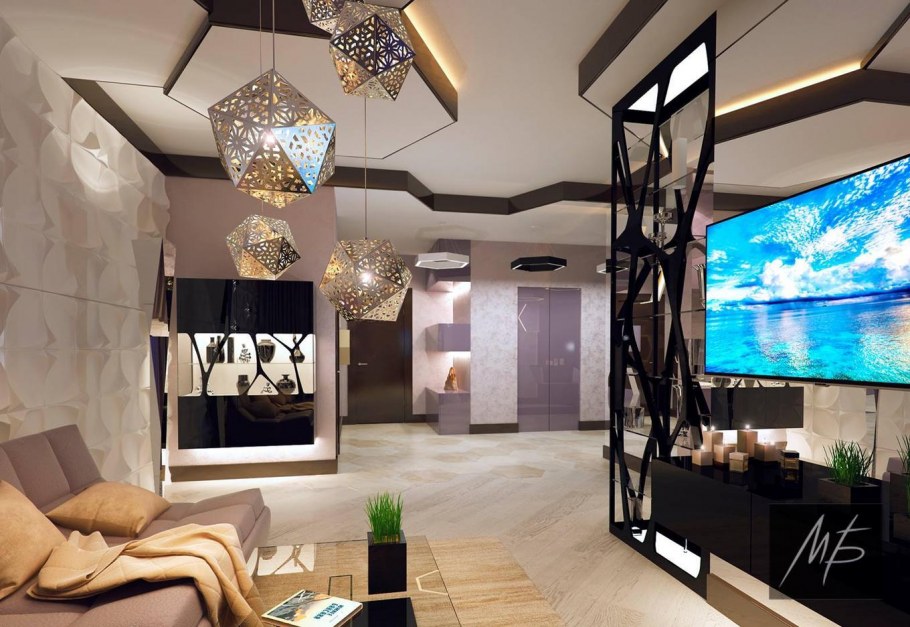 Мозаика в интерьере гостиной в современном стиле