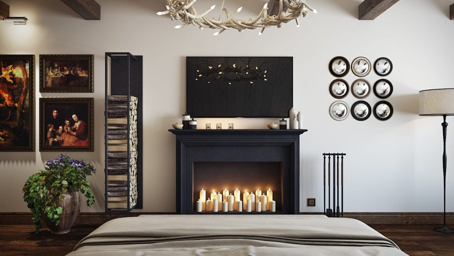 Фальш камин в интерьере спальни