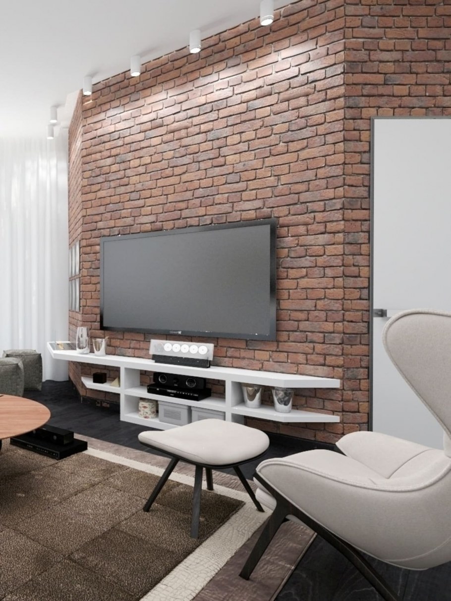 Декоративный кирпич в интерьере гостиной