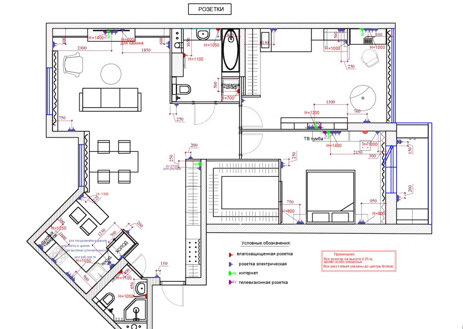 Схема расстановки розеток и выключателей в жилых помещениях