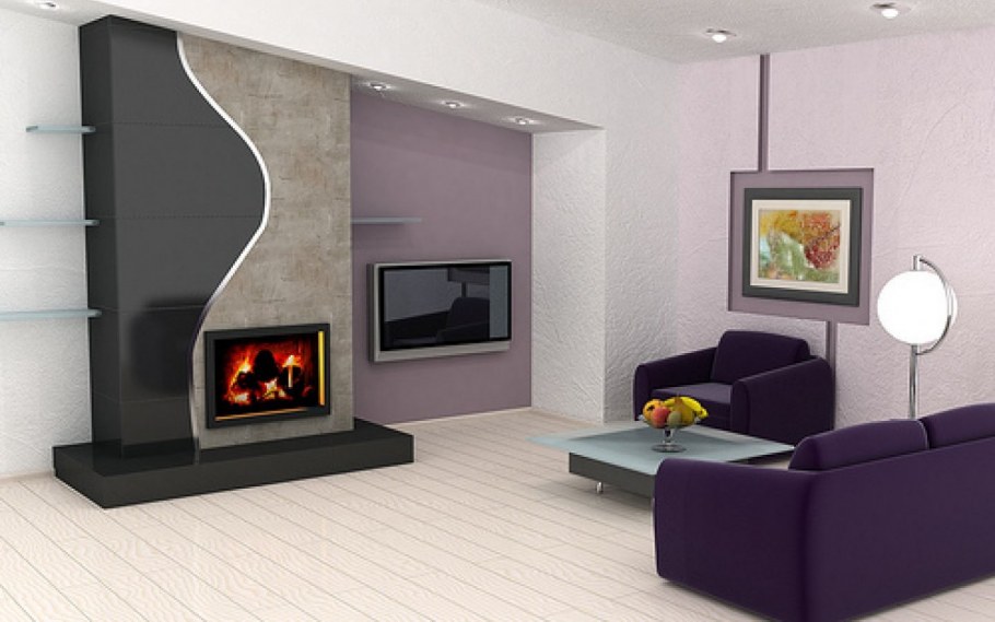 Камин в зале квартиры с телевизором