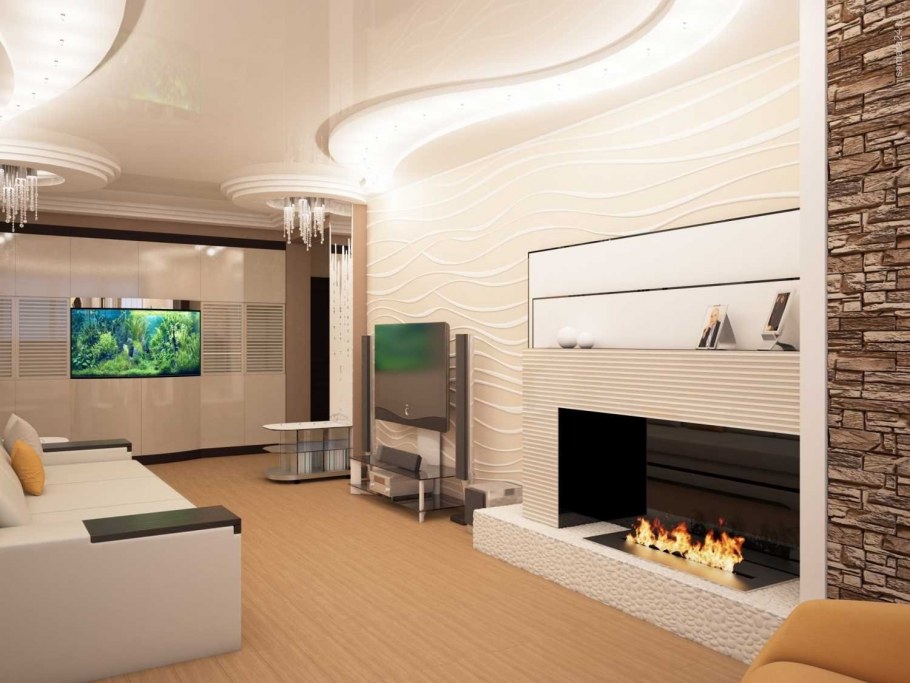 Гостиная с электрическим камином в современном стиле