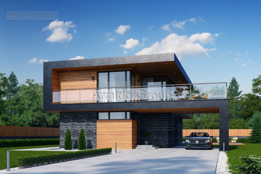 Двухэтажный дом с плоской крышей и навесом