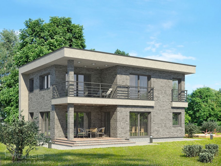 Двухэтажный дом с плоской крышей и балконом