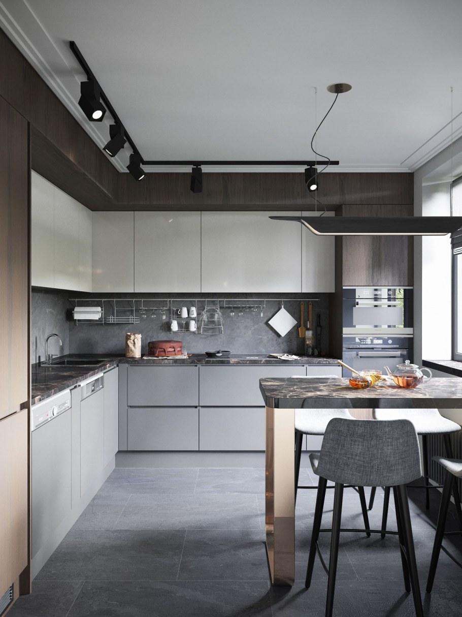 Двухуровневая кухня серая