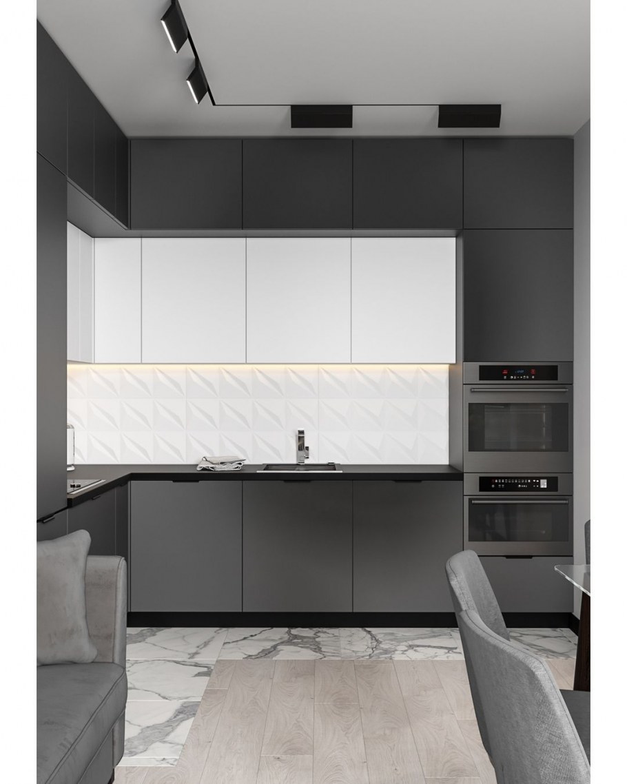 Двухуровневая кухня серая