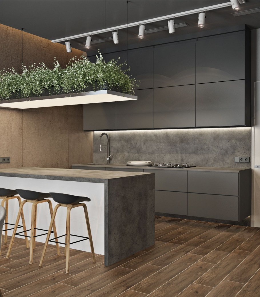Кухня серая с деревом