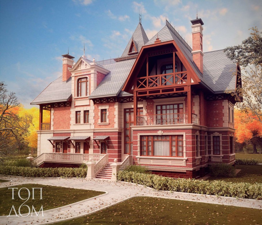 Кирпичный дом в стиле русская усадьба