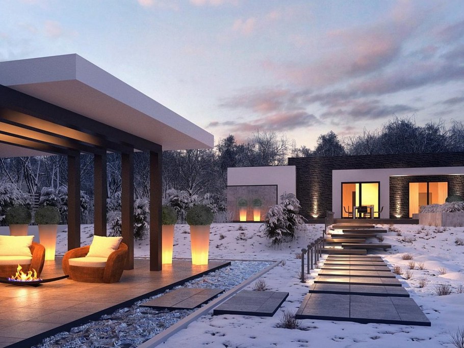 Одно этажный дом с плоской крышей и понарамными окнами