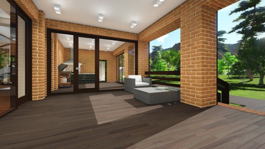 Одноэтажный дом из кирпича с панорамными окнами