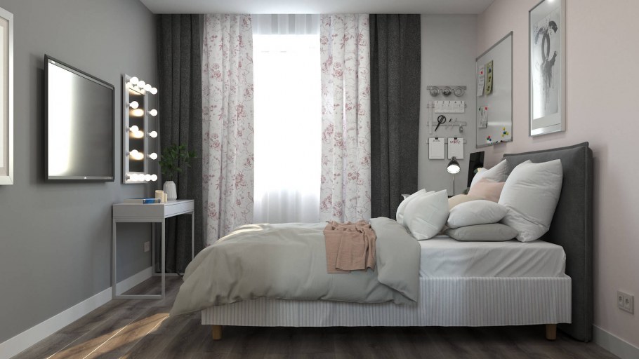 Шторы в серой комнате с белой мебелью