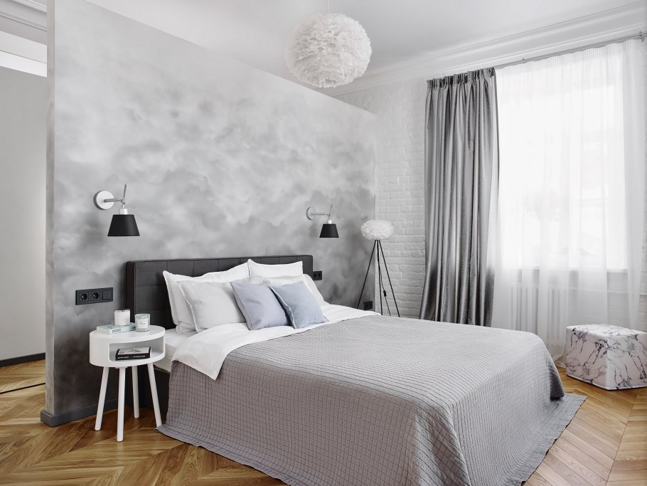Серые стены в интерьере спальни