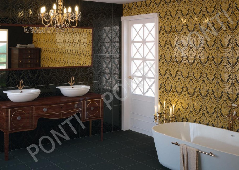 Плитка в ванную комнату с золотым орнаментом