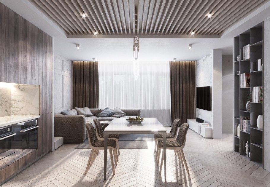 Кухня гостиная с рейками