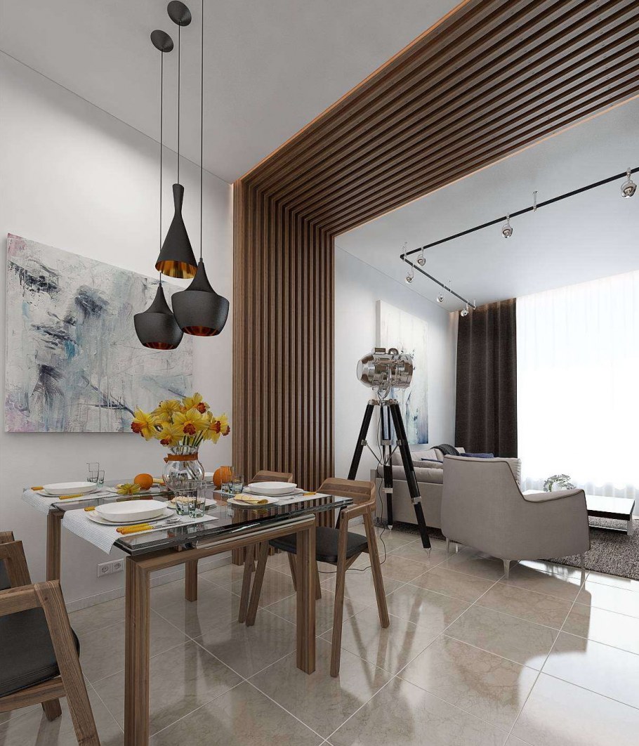 Кухня гостиная с рейками