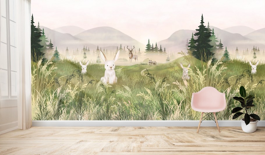 Природный принт на обоях детская с окнами