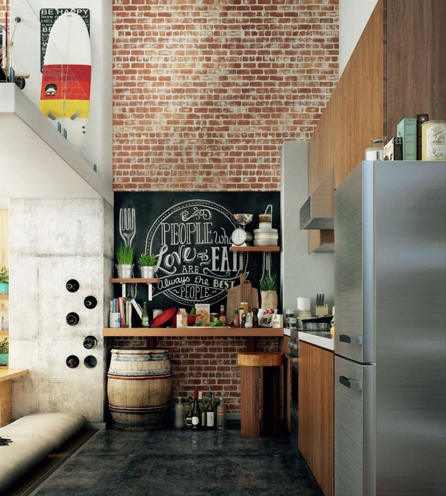 Стена кирпич лофт кухня