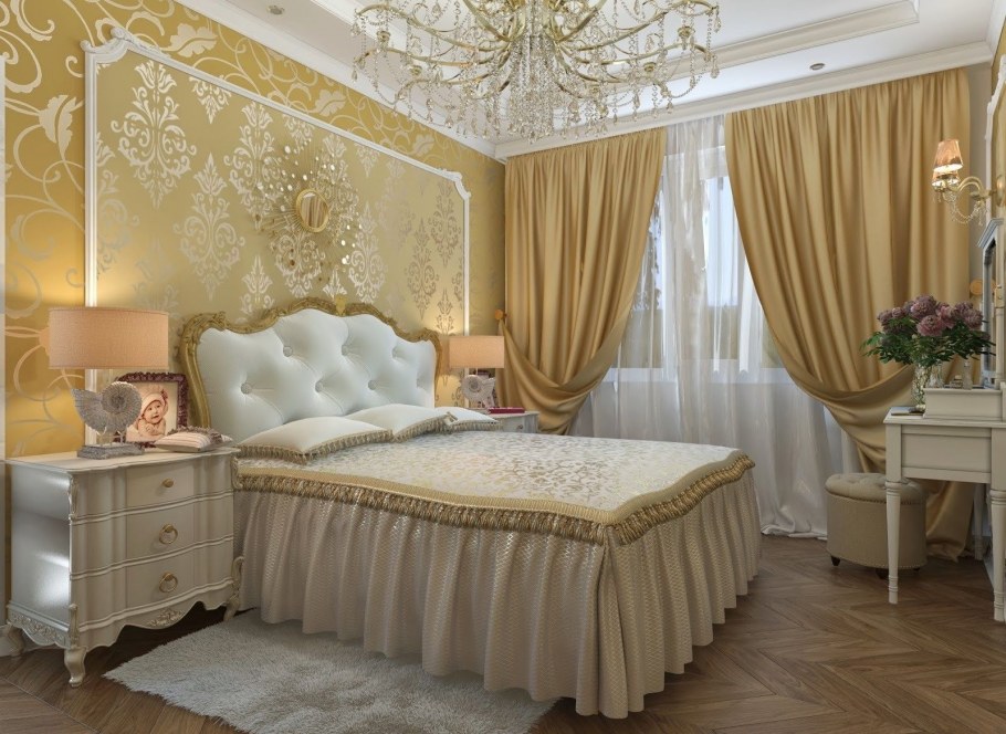 Золотистые шторы в спальню
