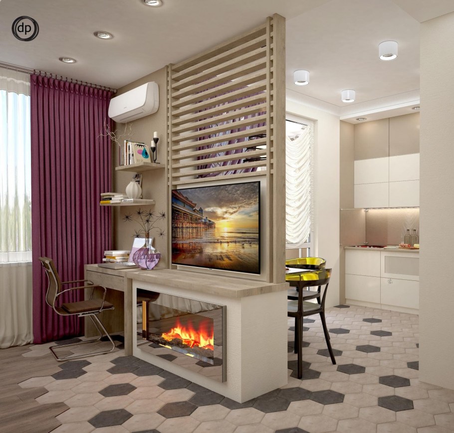 Кухня гостиная с камином