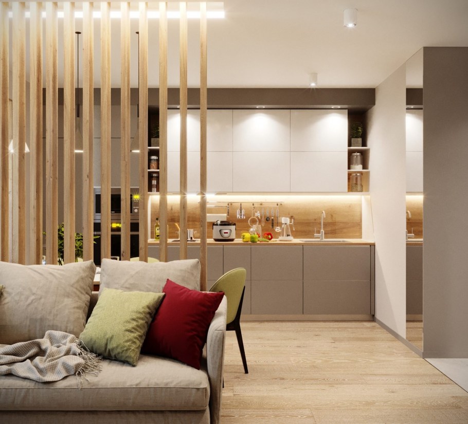 Зонирование кухни в студии 20 кв.м