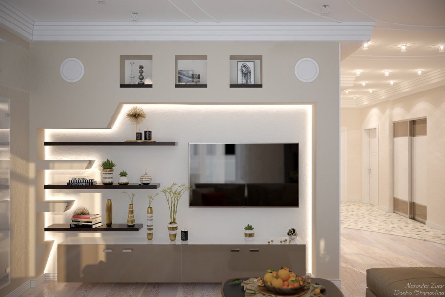 Встроенные полки в гостиной