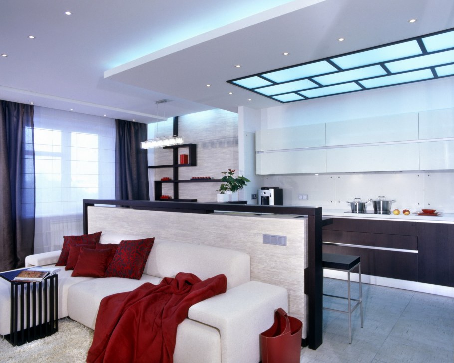 Кухня-гостиная зонирование потолка
