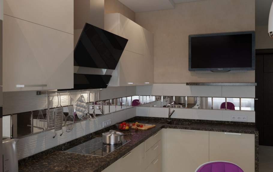 Зеркальная плитка на кухне фартук