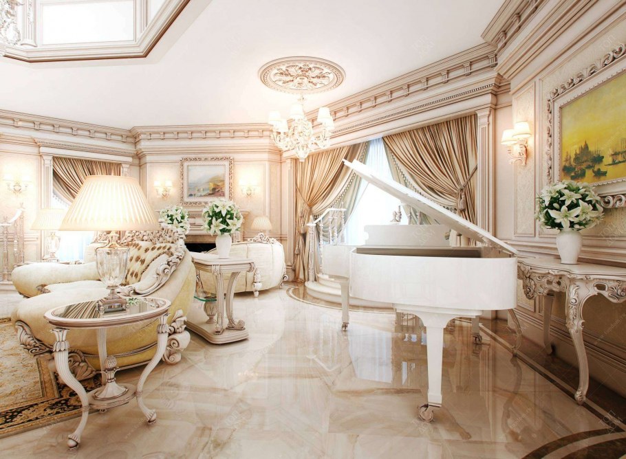 Гостиная с роялем в классическом стиле