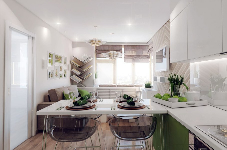 Интерьер вытянутой кухни гостиной