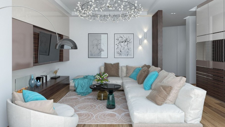 Кухня гостиная в бежево бирюзовых тонах