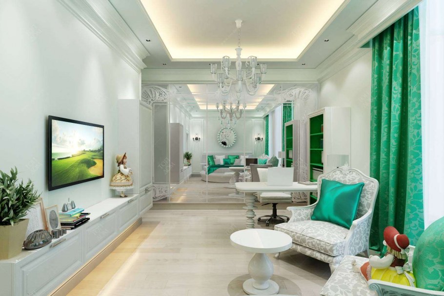 Гостиная в бежево изумрудных тонах