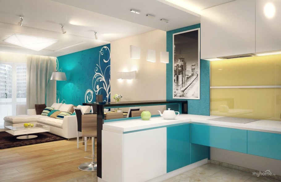 Кухня студия в бирюзовом цвете
