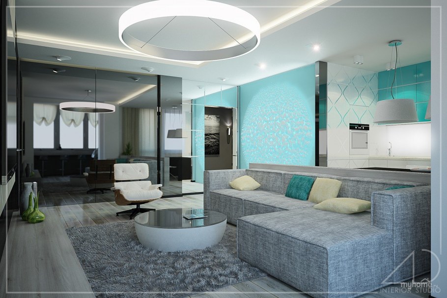 Кухня гостиная в бело бирюзовых тонах