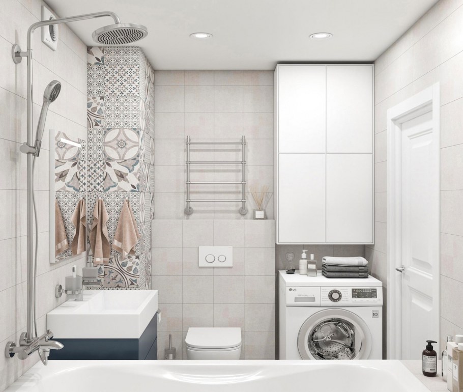 Совместный санузел с угловой ванной