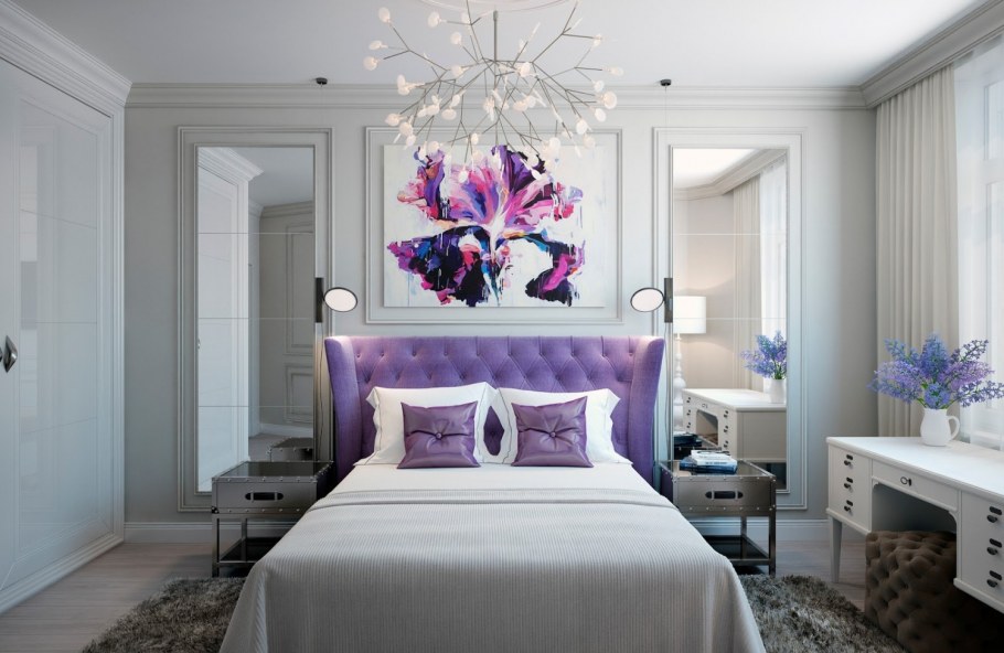 Сиреневые шторы в интерьере спальни