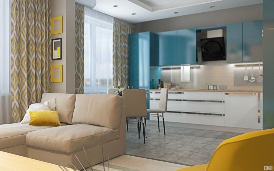 Кухня гостиная желто бирюзовая
