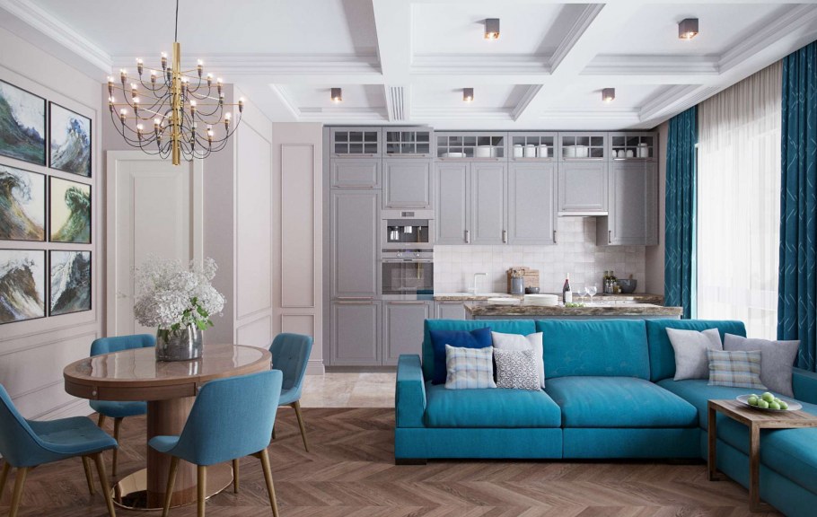 Объединенная кухня гостиная Неоклассика