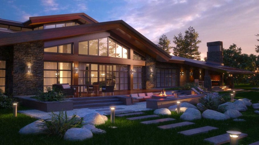 Одноэтажный белый дом в стиле Шале