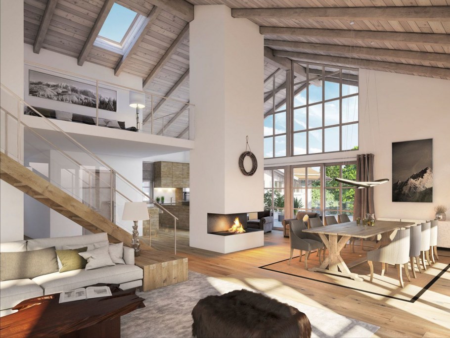 Высокие потолки с балками в доме